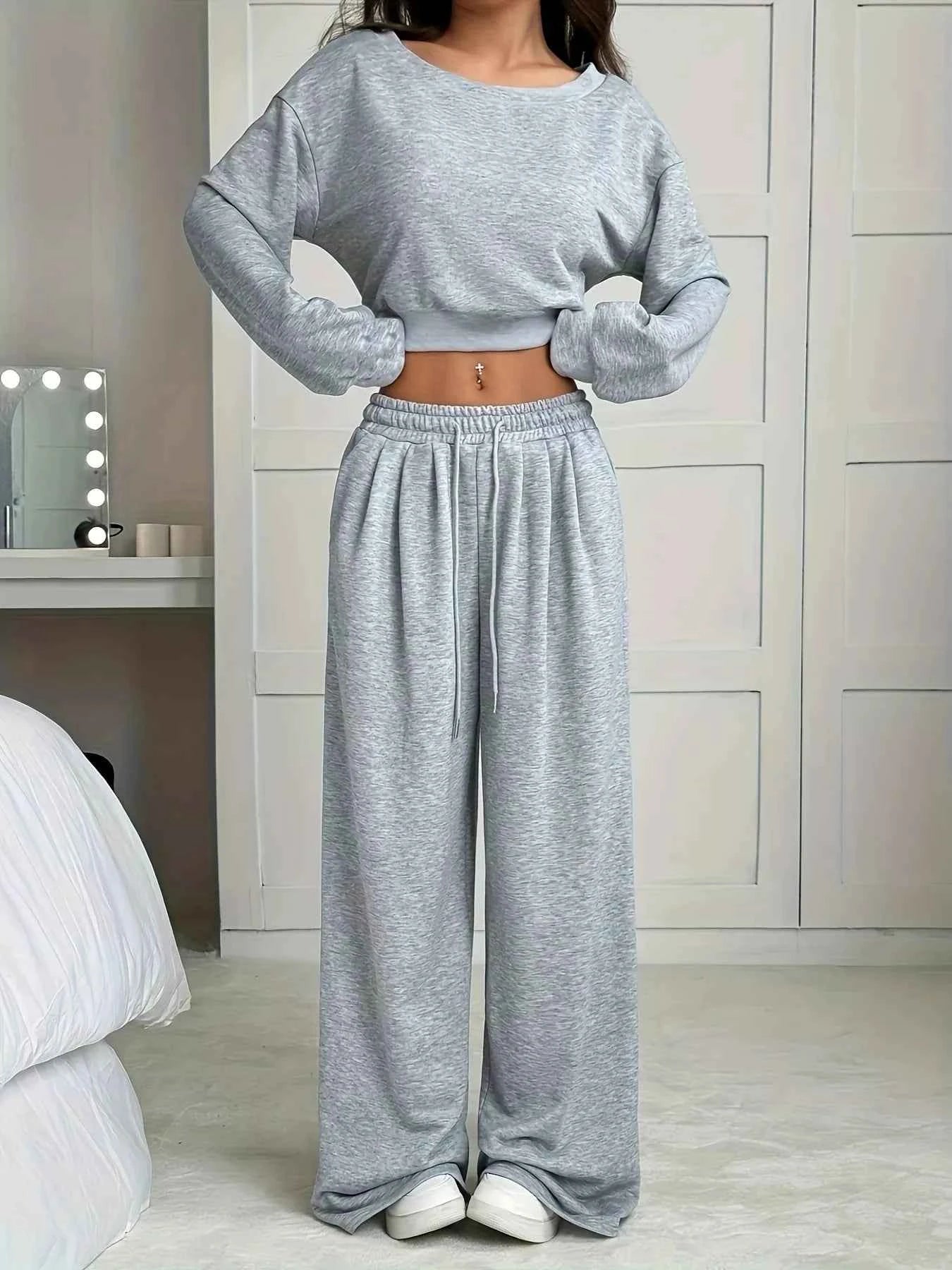 Full Size Boat Neck Crop Top & Wide Leg Pants Set Plus Size