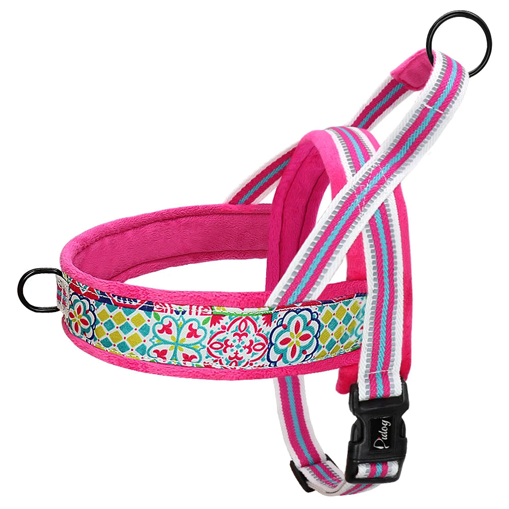 Reflective Dog Harness Soft Padded Colorful Print With Handle