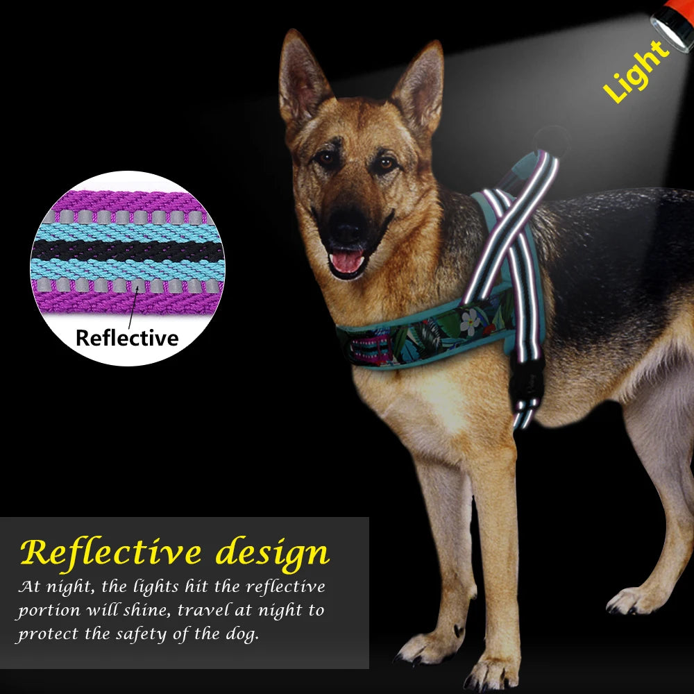 Reflective Dog Harness Soft Padded Colorful Print With Handle