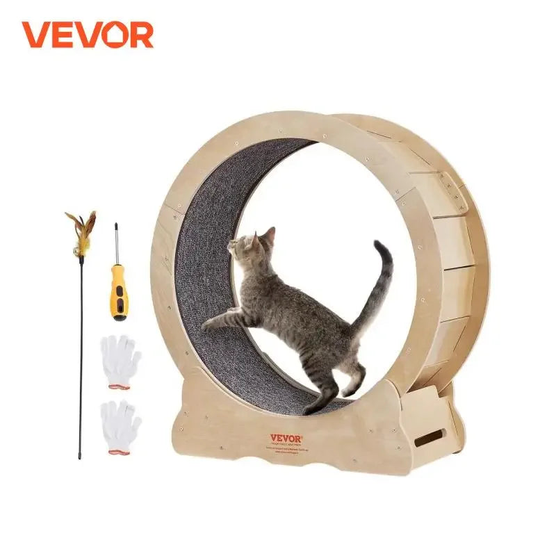 VEVOR Cat Exercise Wheel Natural Wood Silent Running Toy Treadmill Roller Wheel with Detachable Carpet