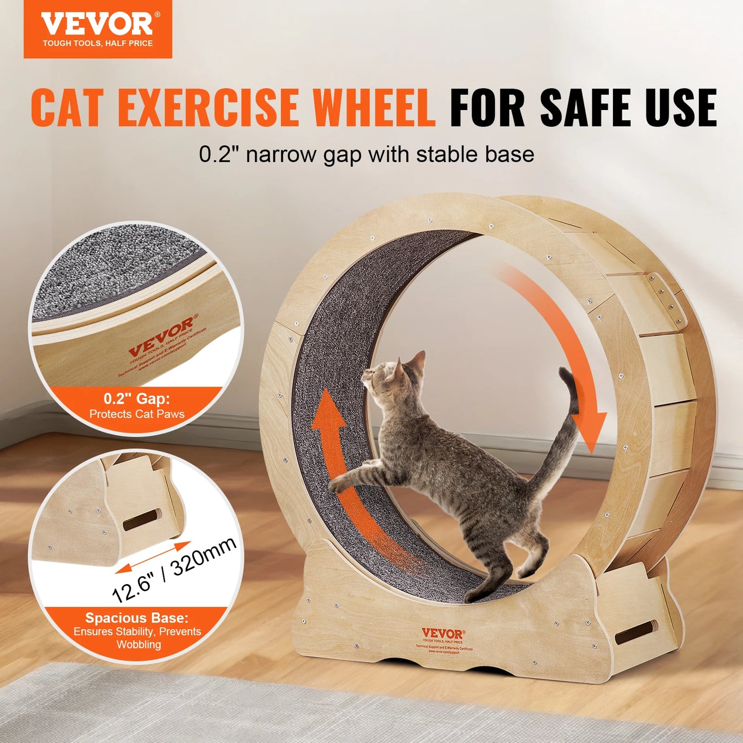 VEVOR Cat Exercise Wheel Natural Wood Silent Running Toy Treadmill Roller Wheel with Detachable Carpet