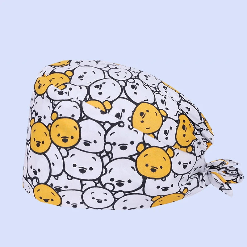 Cute Bear Print Surgical Caps for Long Hair