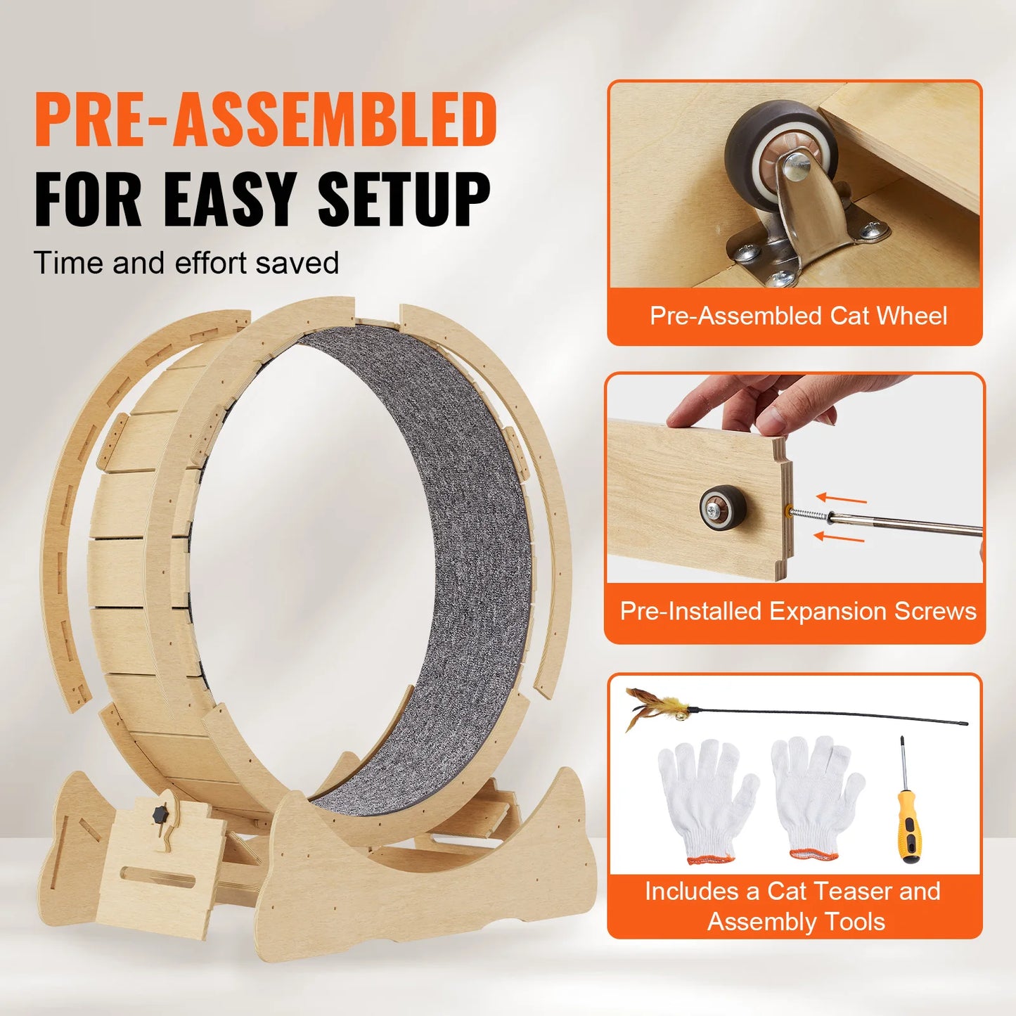 VEVOR Cat Exercise Wheel Natural Wood Silent Running Toy Treadmill Roller Wheel with Detachable Carpet