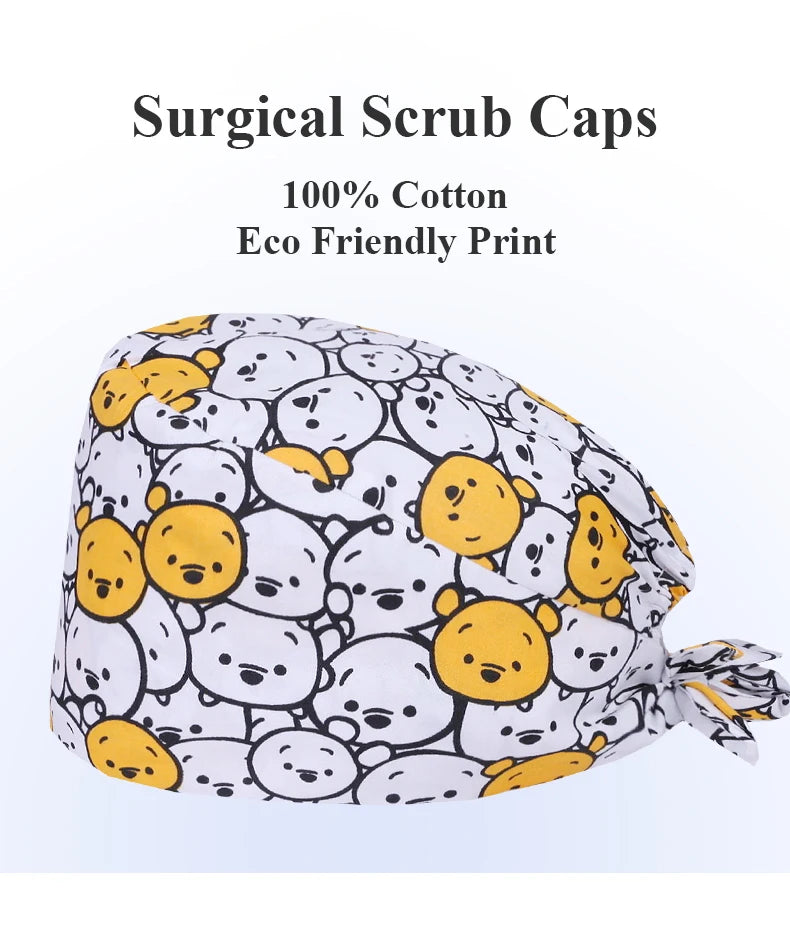 Cute Bear Print Surgical Caps for Long Hair