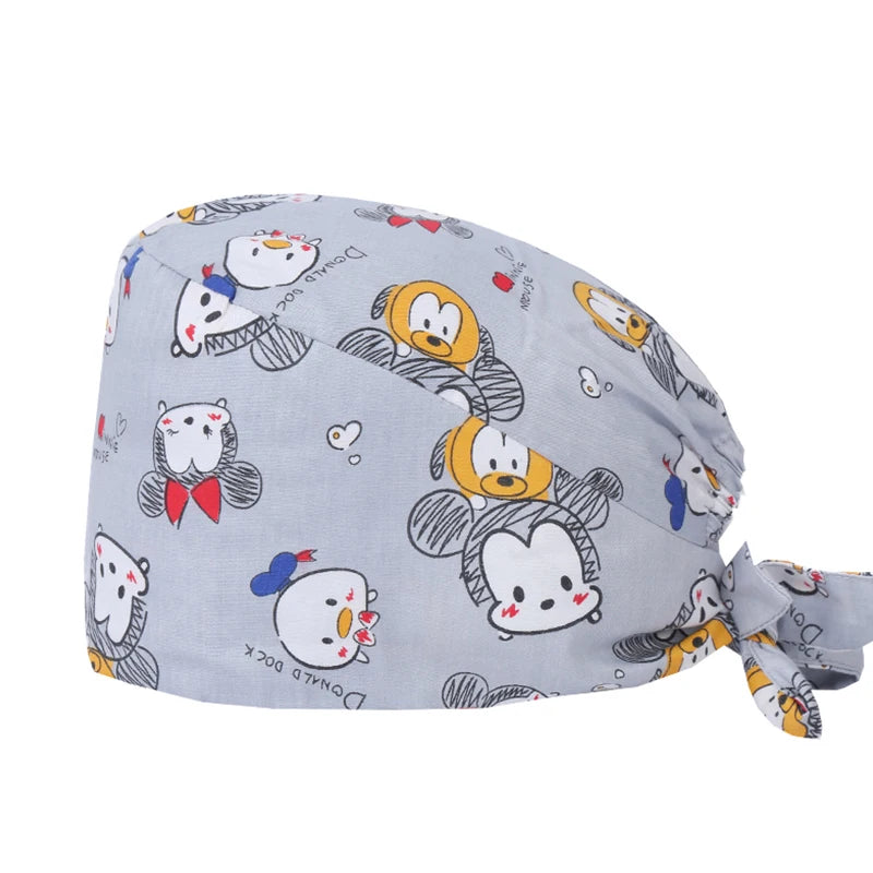 Cute Bear Print Surgical Caps for Long Hair