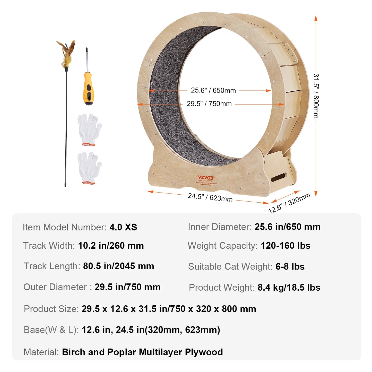 VEVOR Cat Exercise Wheel Natural Wood Silent Running Toy Treadmill Roller Wheel with Detachable Carpet