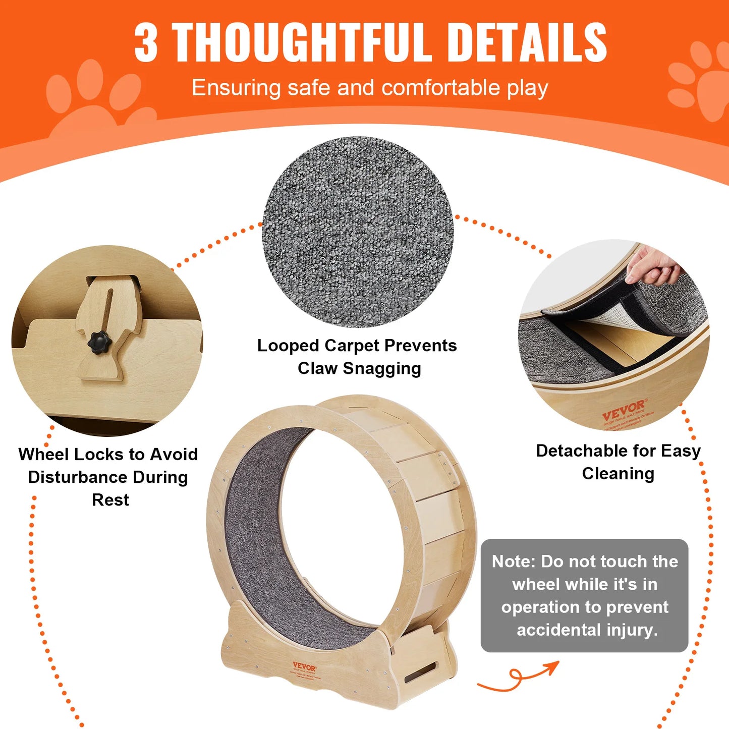 VEVOR Cat Exercise Wheel Natural Wood Silent Running Toy Treadmill Roller Wheel with Detachable Carpet