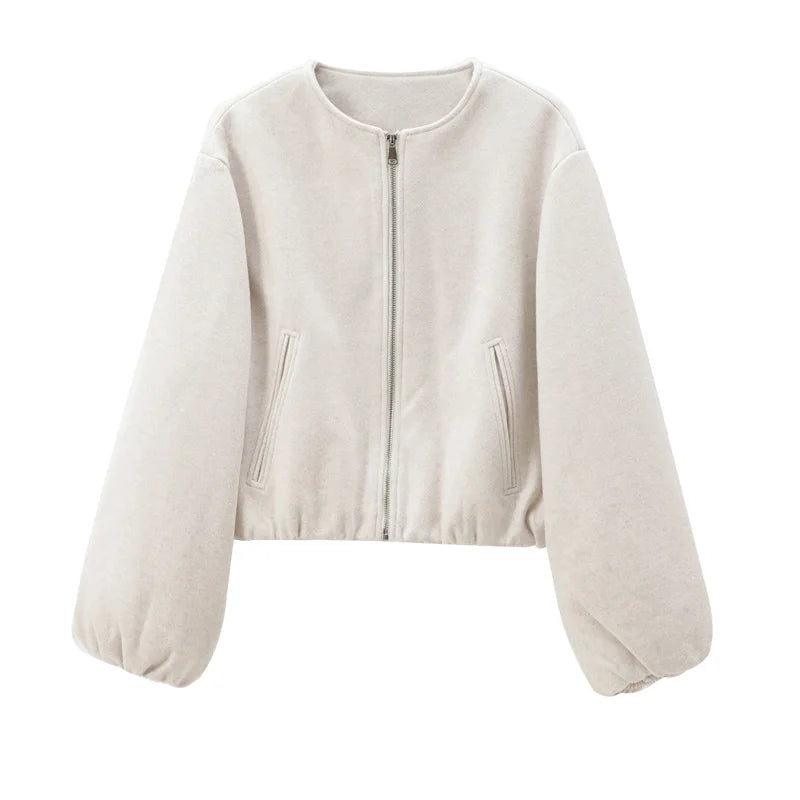 Autumn Luxe: Women's Cropped Faux Wool Bomber Jacket