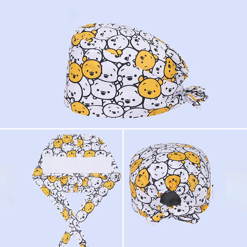 Cute Bear Print Surgical Caps for Long Hair