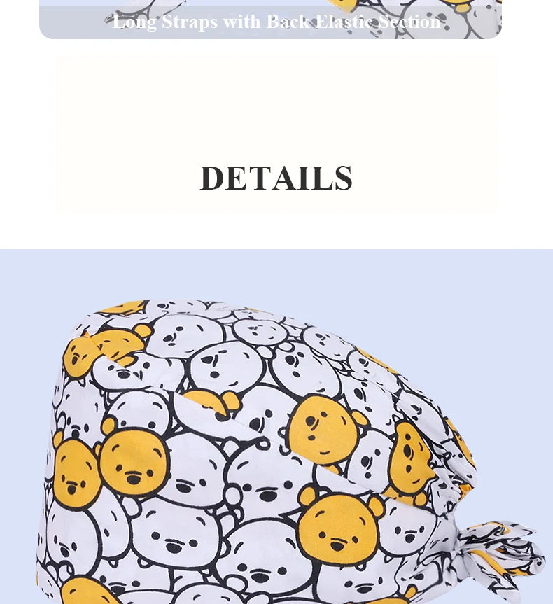 Cute Bear Print Surgical Caps for Long Hair