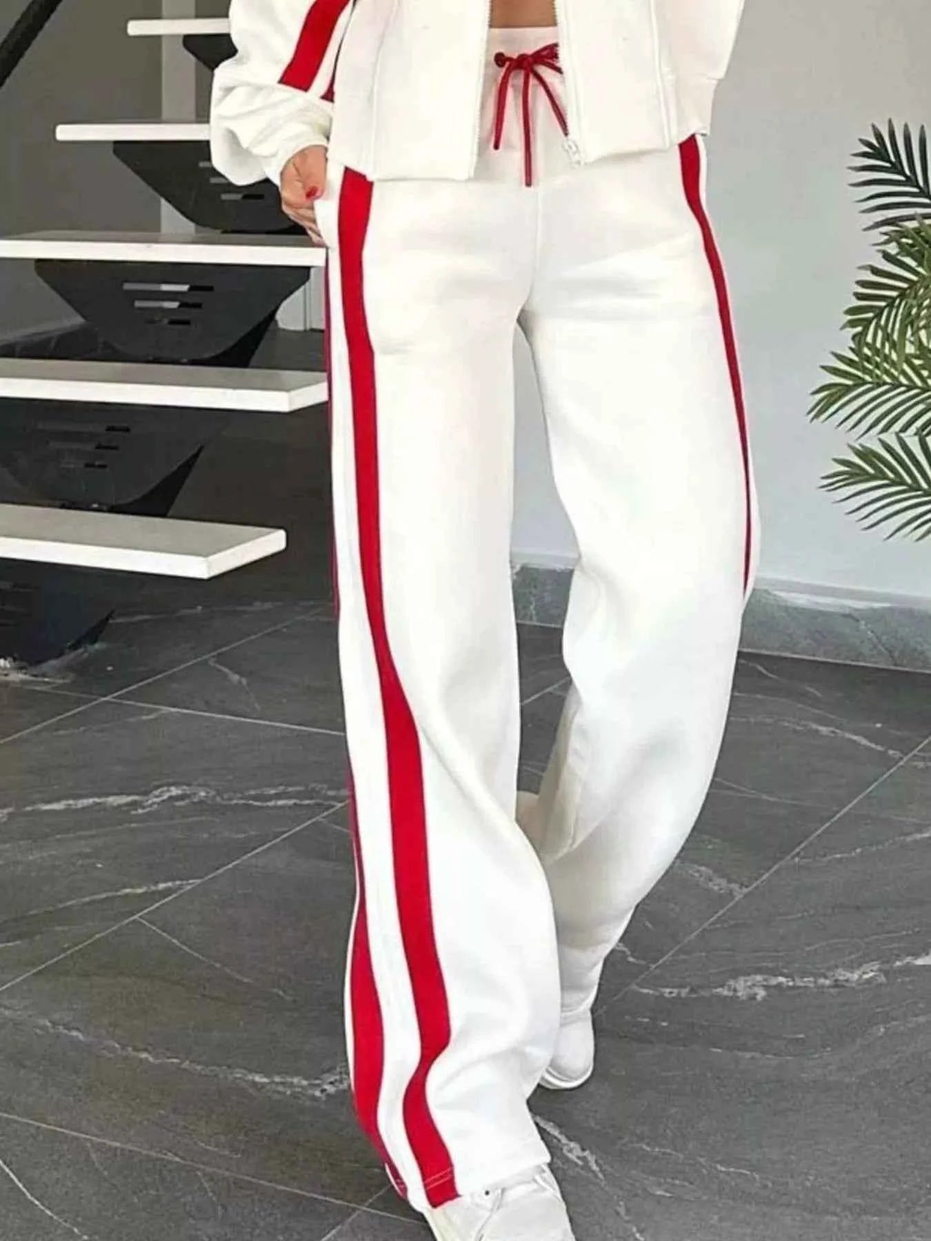 Full Size Striped Zip Up Outerwear and Pants Set Plus Size