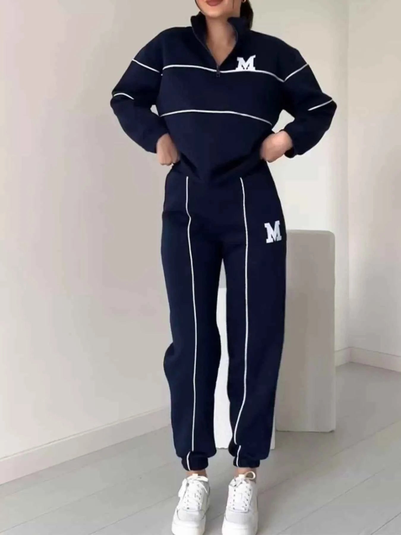 Full Size Striped Quarter Zip Top and Pants Set Plus Size