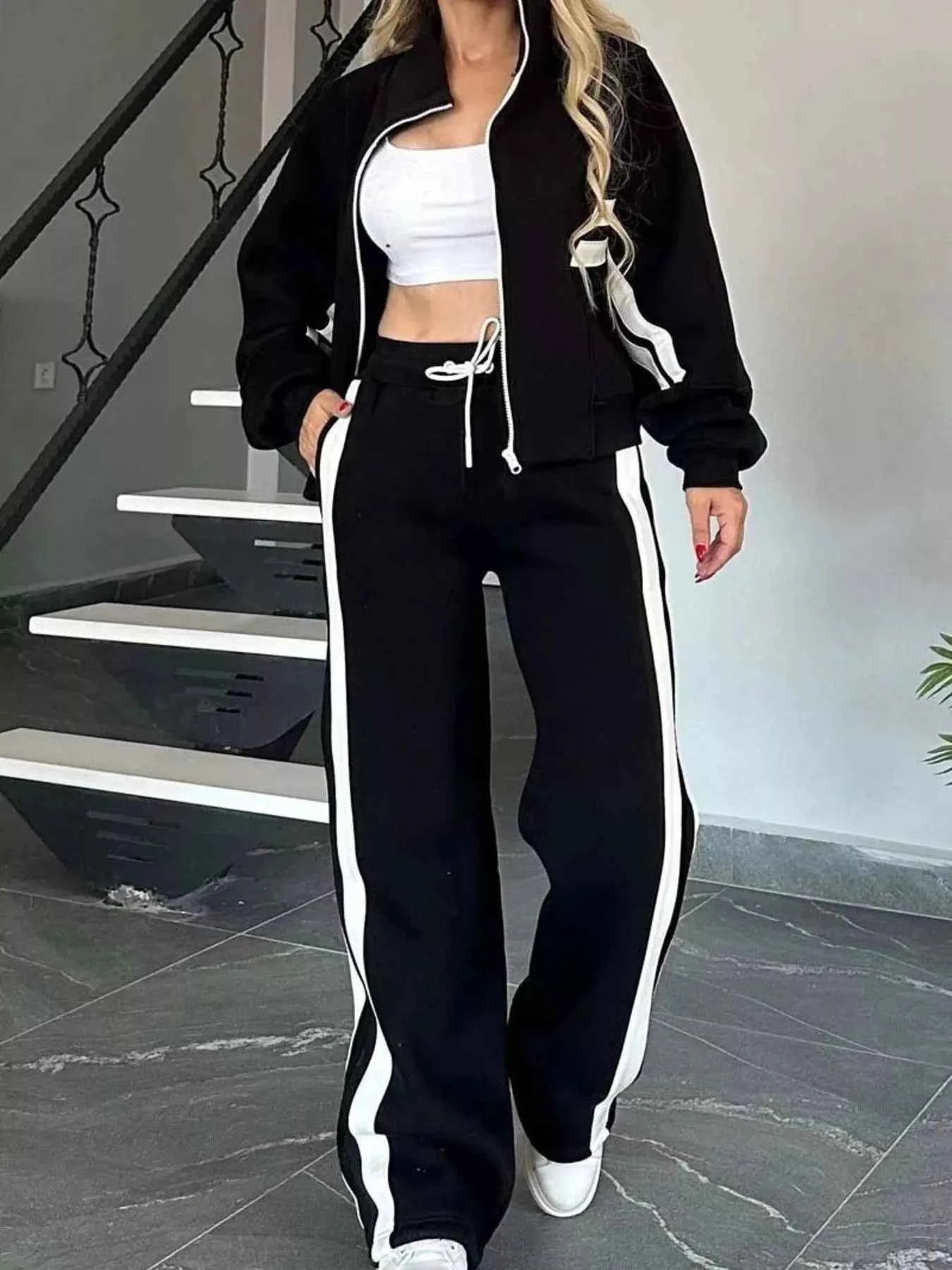 Full Size Striped Zip Up Outerwear and Pants Set Plus Size