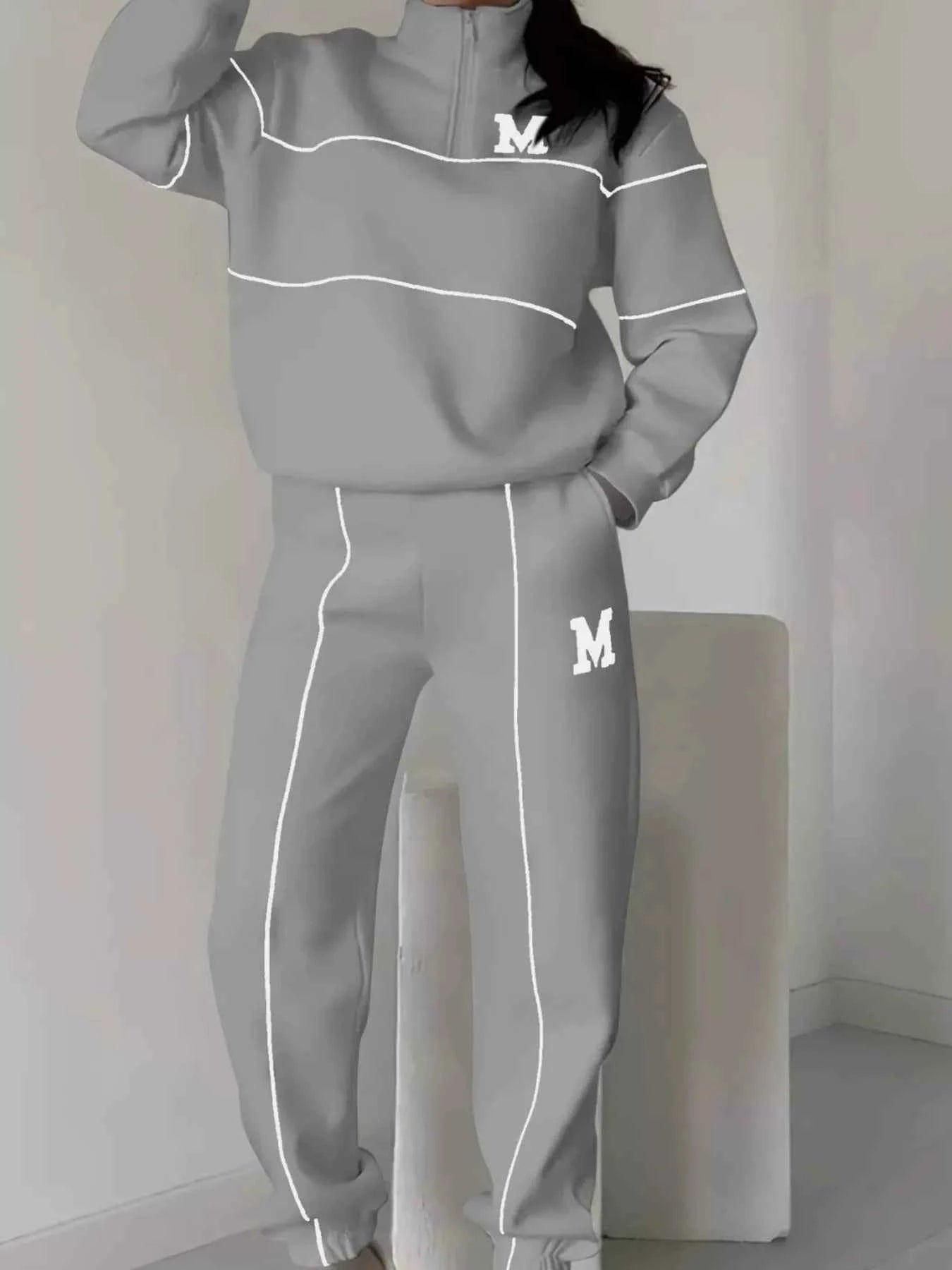 Full Size Striped Quarter Zip Top and Pants Set Plus Size