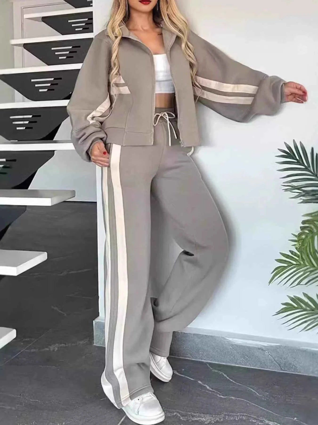 Full Size Striped Zip Up Outerwear and Pants Set Plus Size