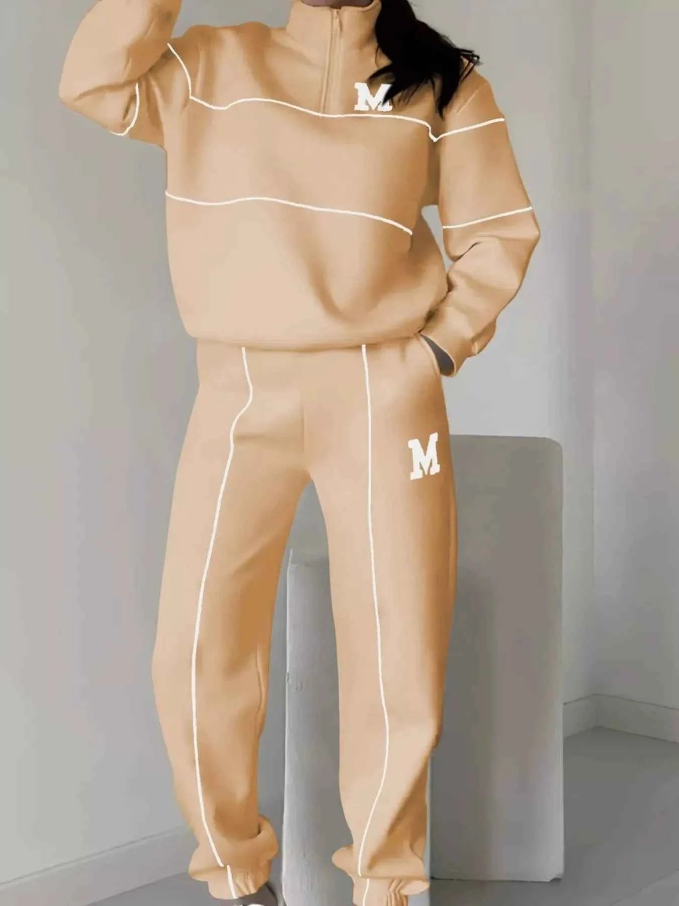 Full Size Striped Quarter Zip Top and Pants Set Plus Size