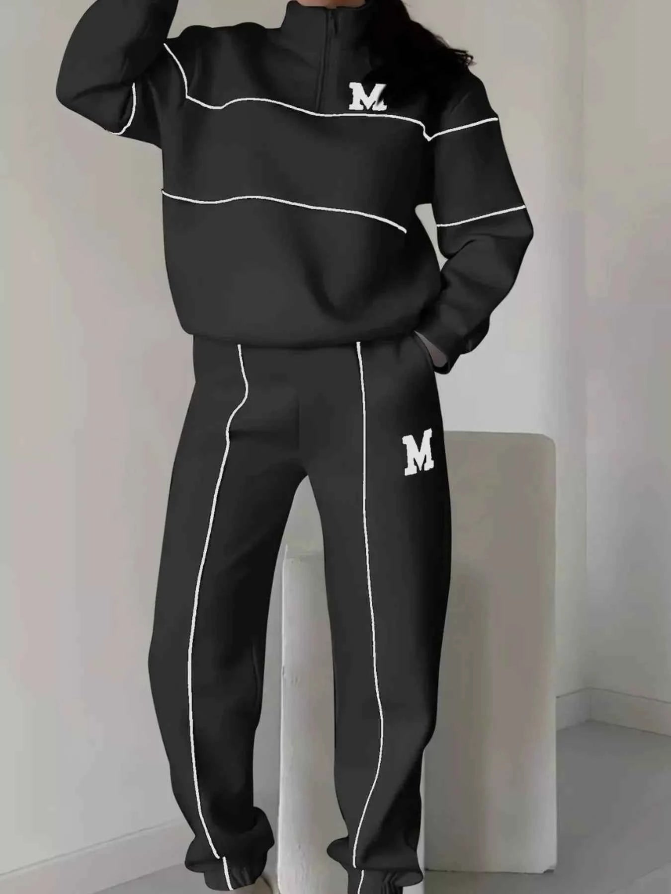 Full Size Striped Quarter Zip Top and Pants Set Plus Size