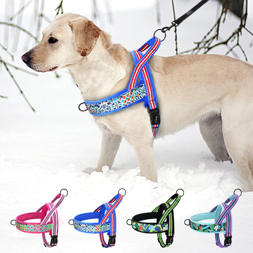 Reflective Dog Harness Soft Padded Colorful Print With Handle