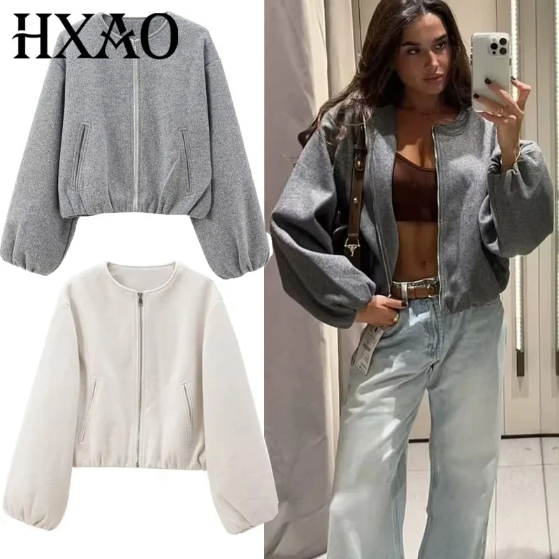 Autumn Luxe: Women's Cropped Faux Wool Bomber Jacket