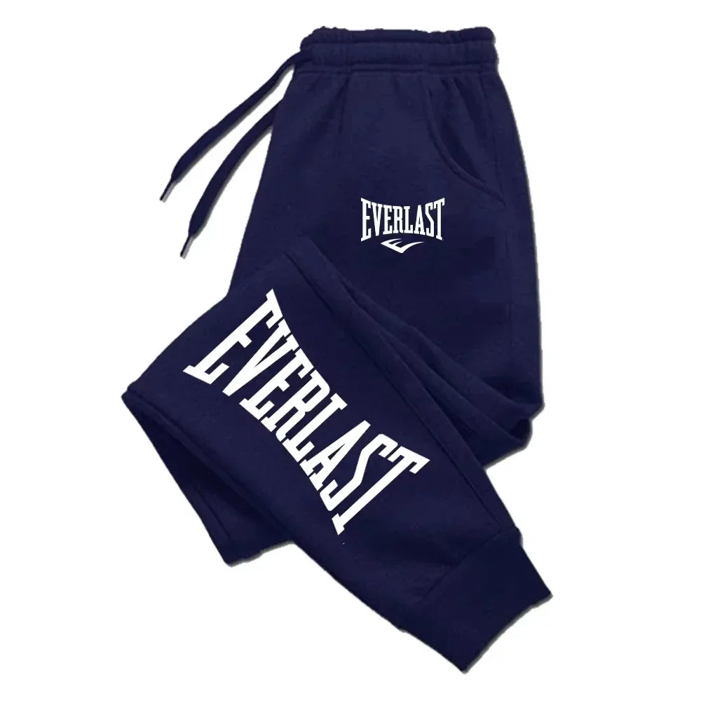 Dark blue sweatpants with white "Everlast" logo on the leg and pocket area.