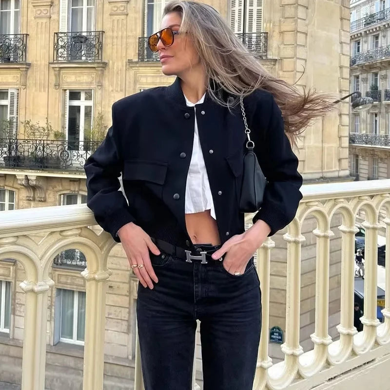 Skyline Glam: Women's Cropped Bomber Jacket