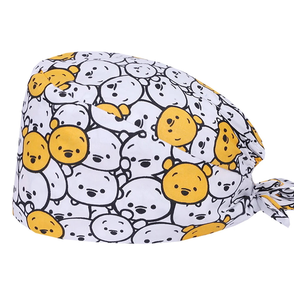 Cute Bear Print Surgical Caps for Long Hair
