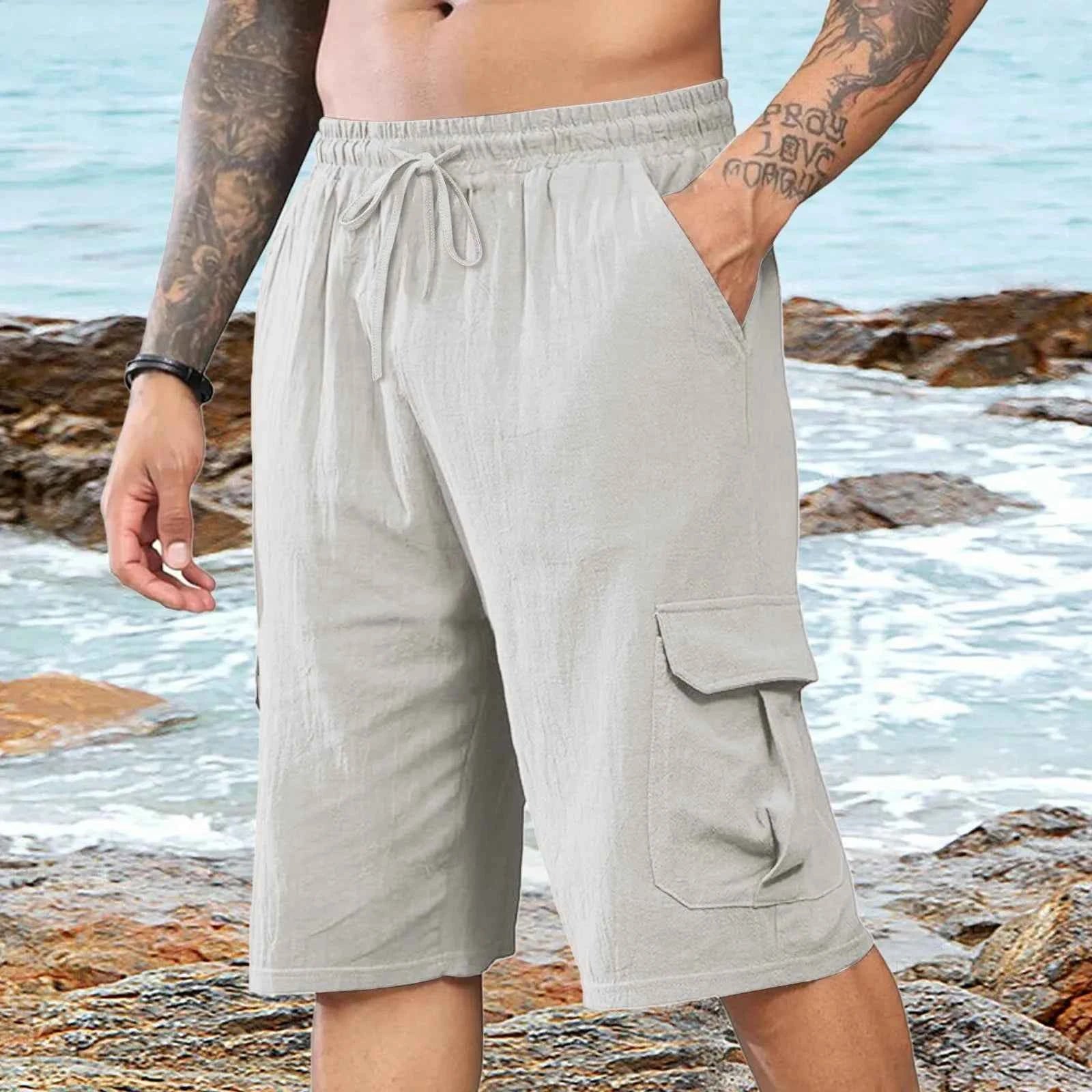 Men's Linen Casual Elastic Waist Beach Shorts