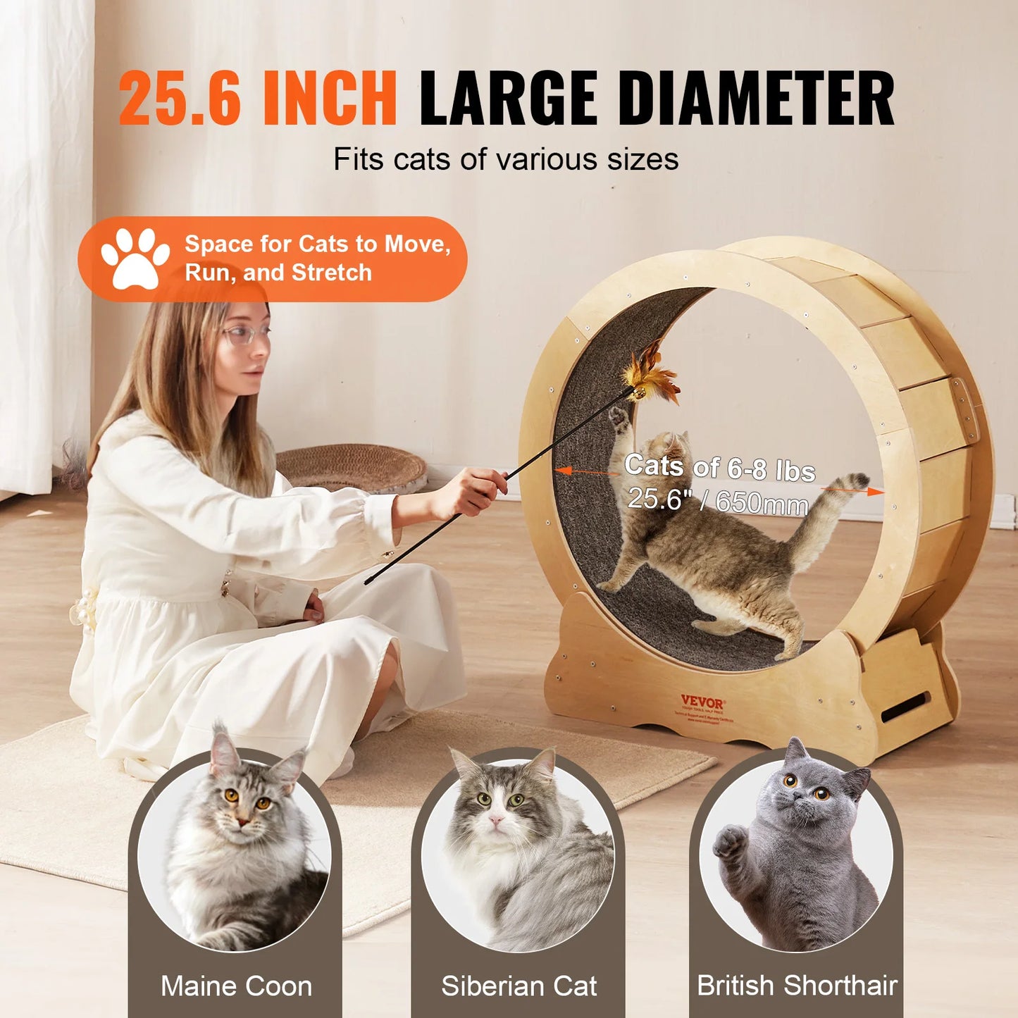 VEVOR Cat Exercise Wheel Natural Wood Silent Running Toy Treadmill Roller Wheel with Detachable Carpet