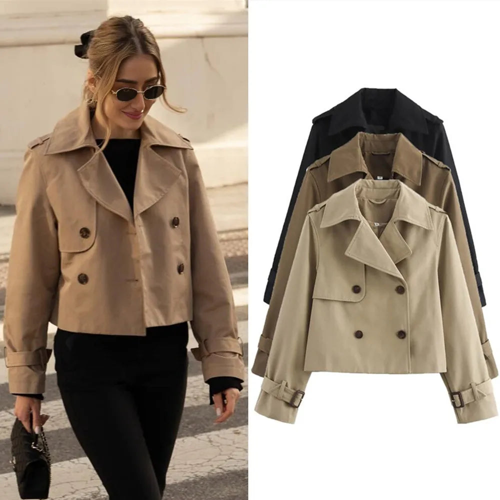 Vintage Chic Double-Breast Cropped Trench Coat
