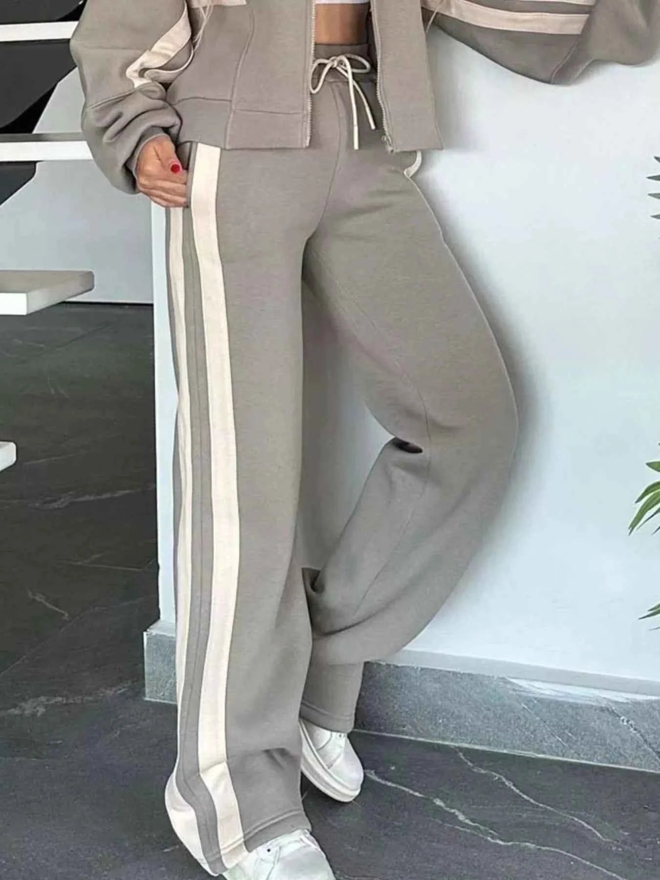 Full Size Striped Zip Up Outerwear and Pants Set Plus Size