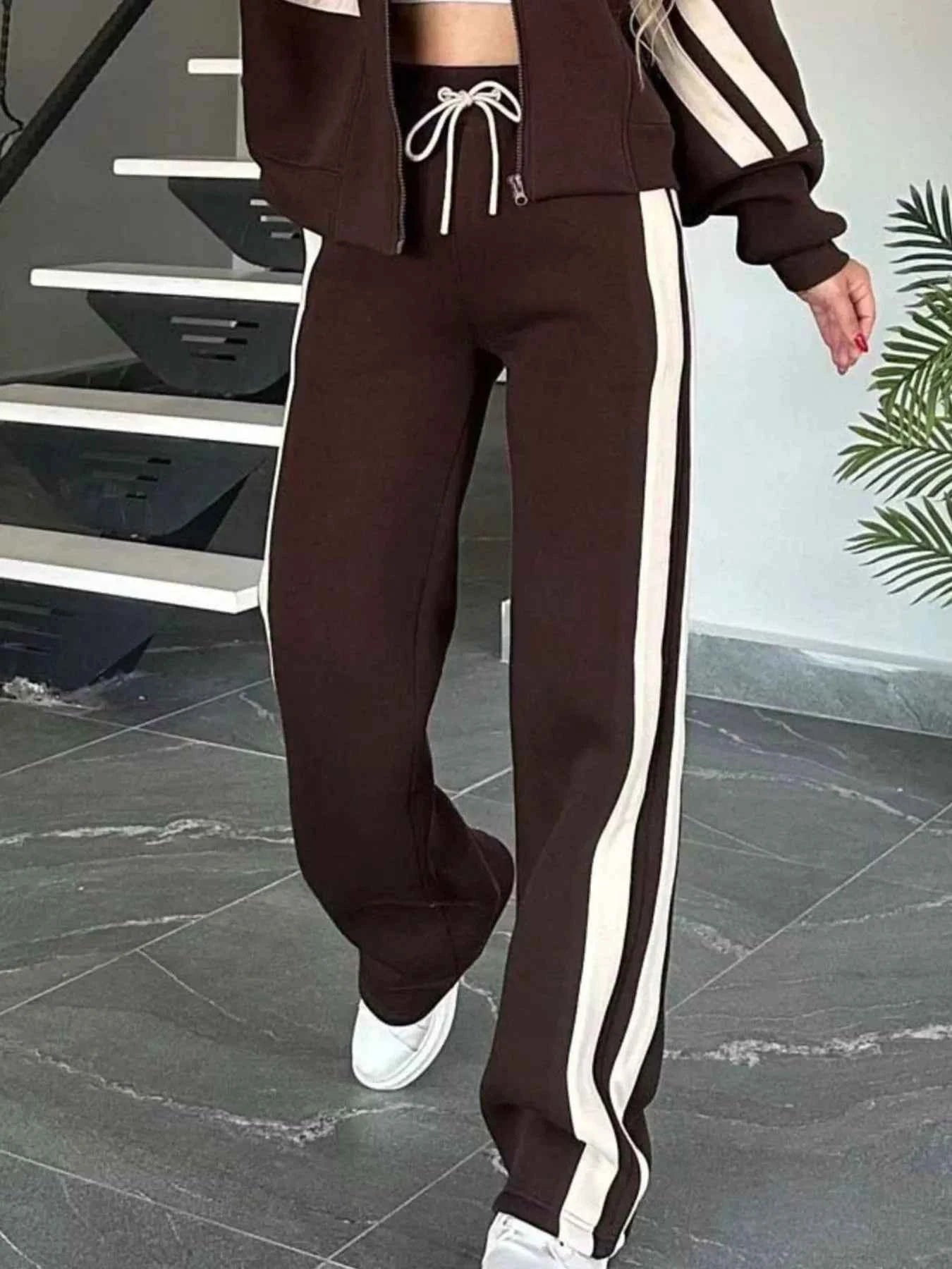 Full Size Striped Zip Up Outerwear and Pants Set Plus Size