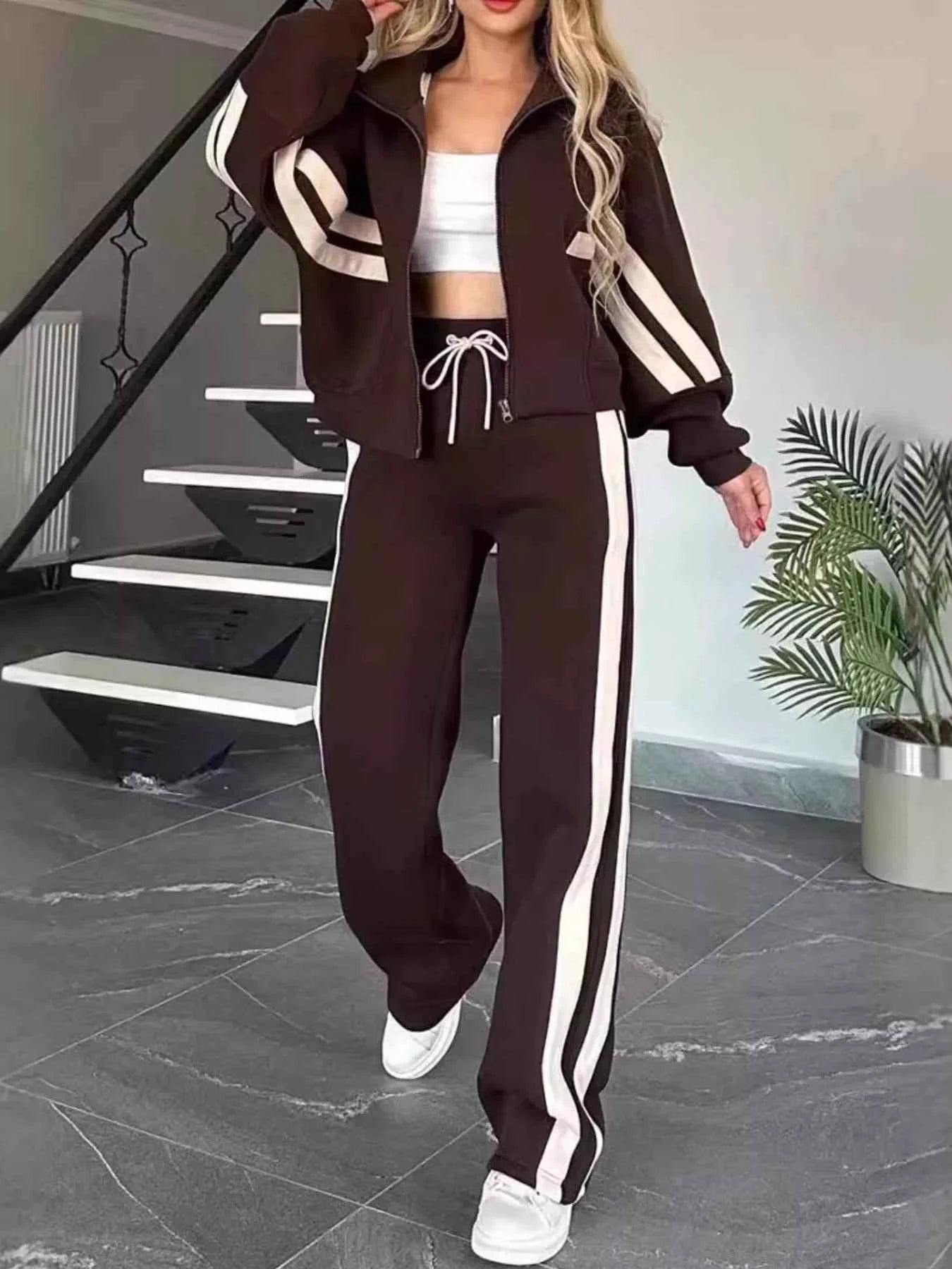 Full Size Striped Zip Up Outerwear and Pants Set Plus Size