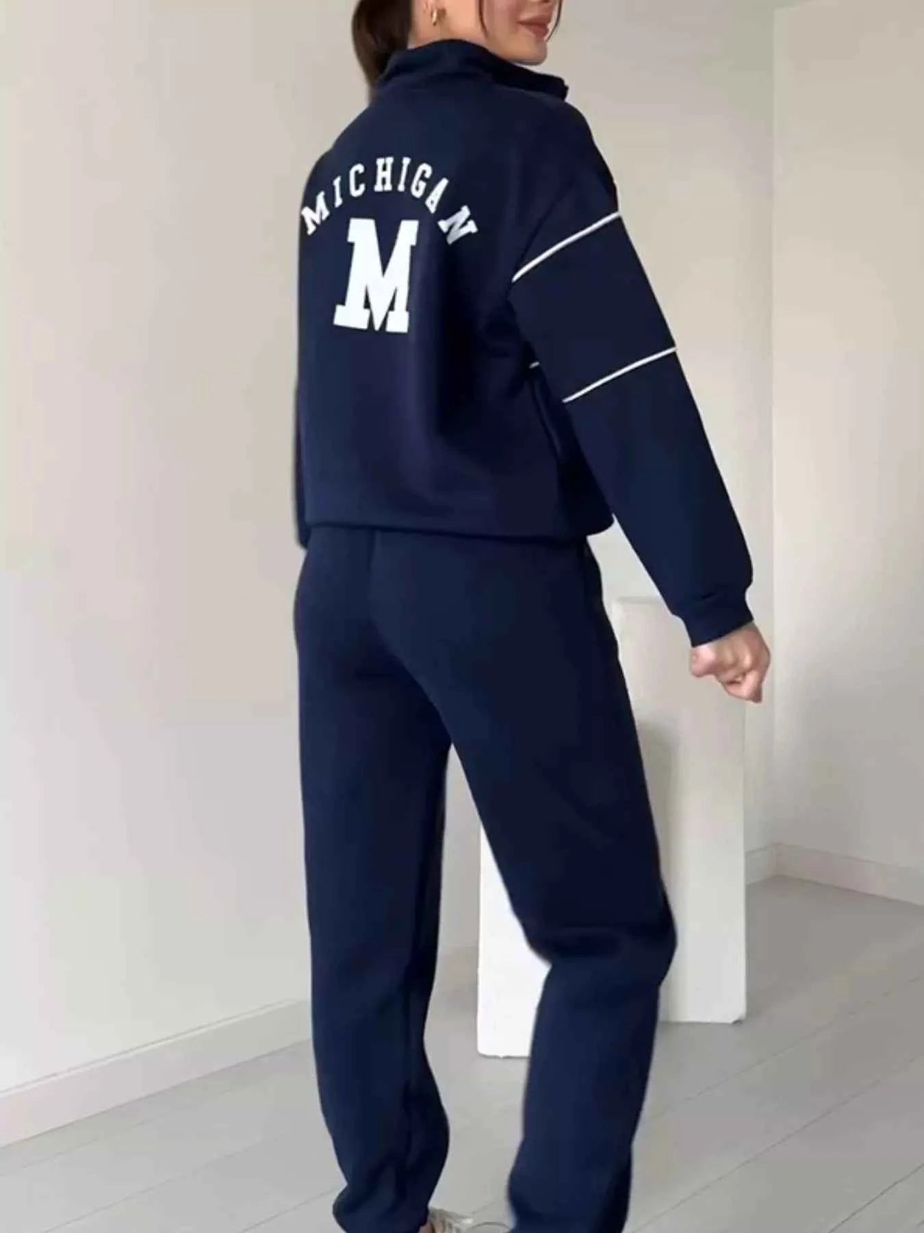 Full Size Striped Quarter Zip Top and Pants Set Plus Size